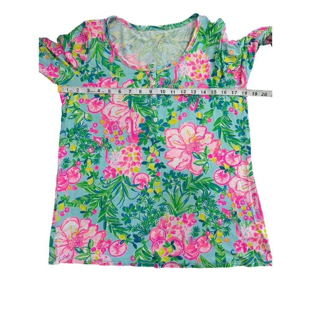 Lilly Pulitzer Long Sleeve Top Henley PJ Fruity Flamingo Green Pink Women Size M - Picture 6 of 8